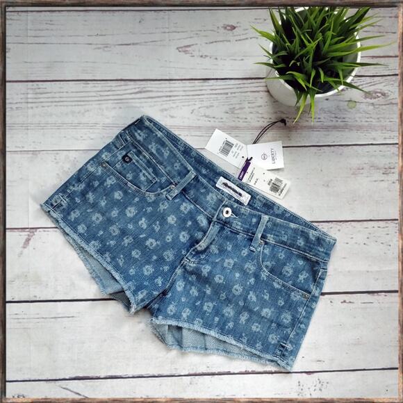 AG + LIBERTY Bianca Daisy Printed Denim Shorts Low Rise Blue size 27 NWT - Picture 1 of 6